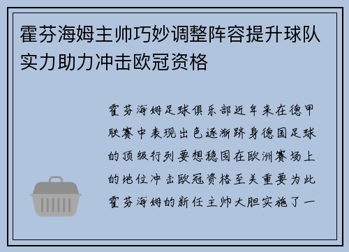 霍芬海姆主帅巧妙调整阵容提升球队实力助力冲击欧冠资格