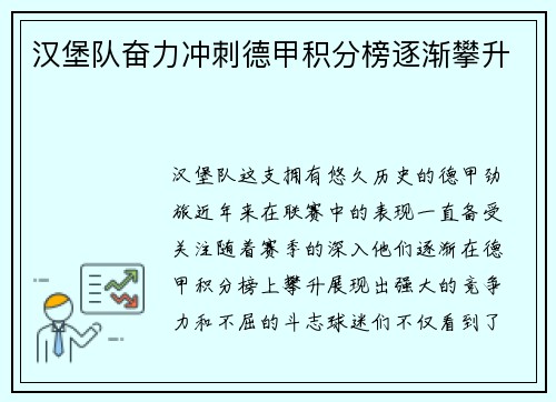 汉堡队奋力冲刺德甲积分榜逐渐攀升